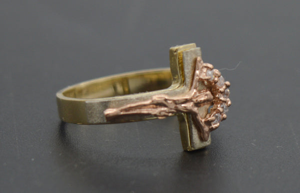 Real 10k Solid Yellow Gold Tri-Color Jesus Cross Cz Crucifix Ring 12mm All Size