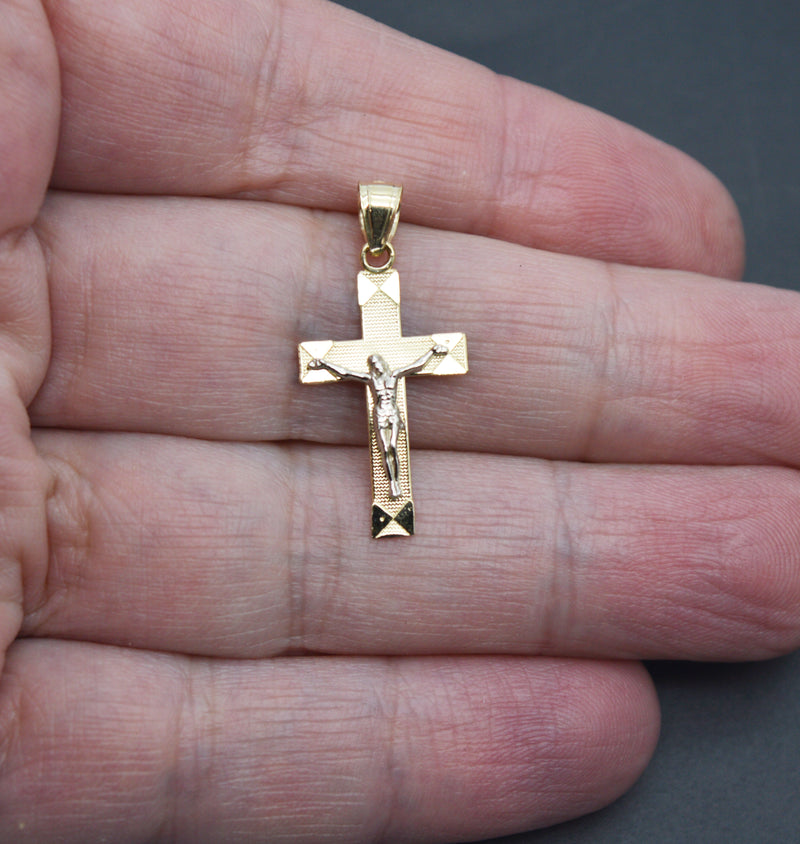 Real 10K Solid Yellow White Gold River Wave Charm Jesus Crucifix Pendant 1.0gram