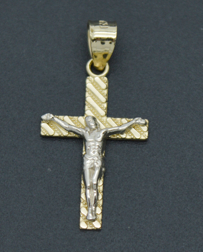 Real 10K Solid Yellow White Gold 23.7mm Two-Tone Charm Jesus Crucifix Pendant