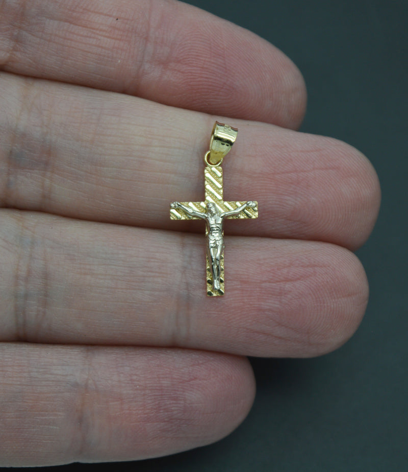 Real 10K Solid Yellow White Gold 23.7mm Two-Tone Charm Jesus Crucifix Pendant