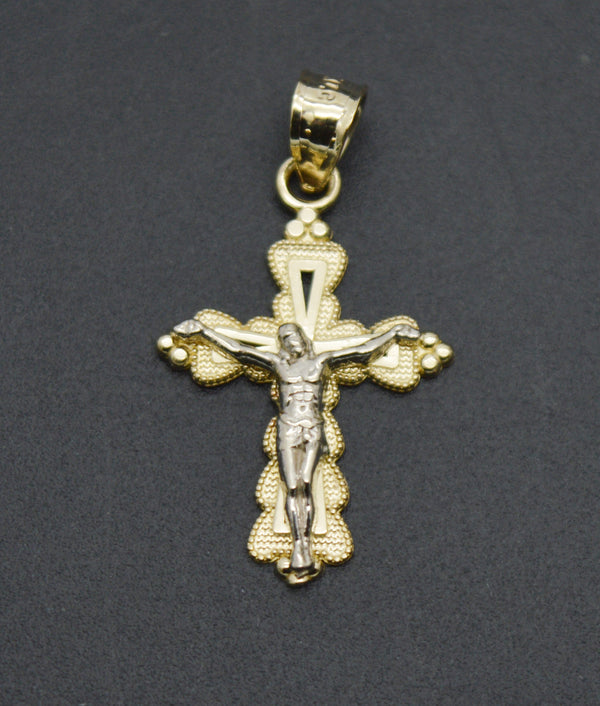 Real 10K Solid Yellow White Gold Two-Tone Charm Jesus Crucifix Pendant 0.8gram