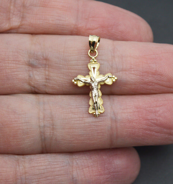 Real 10K Solid Yellow White Gold Two-Tone Charm Jesus Crucifix Pendant 0.8gram