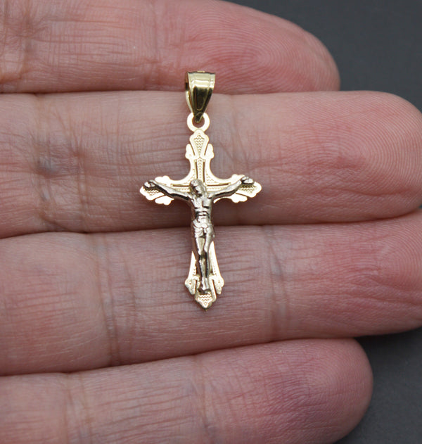 Real 10K Solid Yellow White Gold Sword Back Charm Jesus Crucifix Pendant 1.4gram