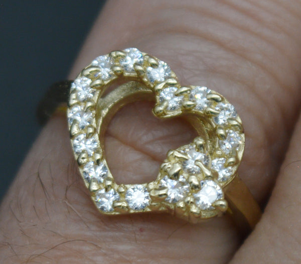 Real 10k Solid Yellow Gold Women Delicate CZ Double Heart Ring 12.2mm All Size