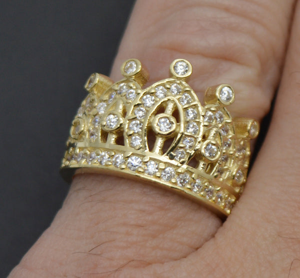 Real Solid 10K Yellow Gold 13.5mm Men's King Crown CZ Ring 4.5 grams ALL Sizes