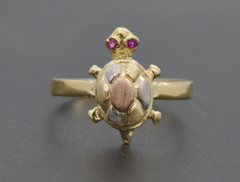 Real 10k Solid Yellow Tri Color Gold Turtle Ring Ruby Eyes 14.9mm 1.5gr.jpg