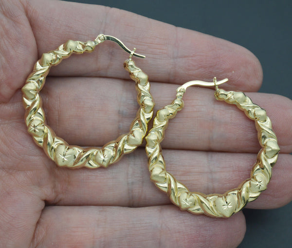 Real 10K Yellow Gold 36.3mm Twisted Heart Diamond Cut Hoop Earrings 4.1gr