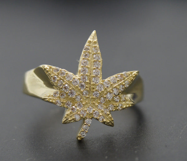 Real Solid 10K Yellow Gold 19mm Men Marijuana Cannabis Leaf Ring 4.2gr ALL Sizes