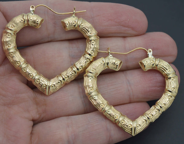 Real 10K Yellow Gold Small Diamond Cut Heart Bamboo 5.2gr Hoop Earrings