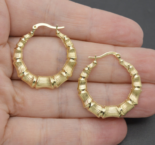 Real 10K Yellow Solid Gold Bamboo Design Hollow Hoop Earrings 30.3mm 2.5 gr.jpg