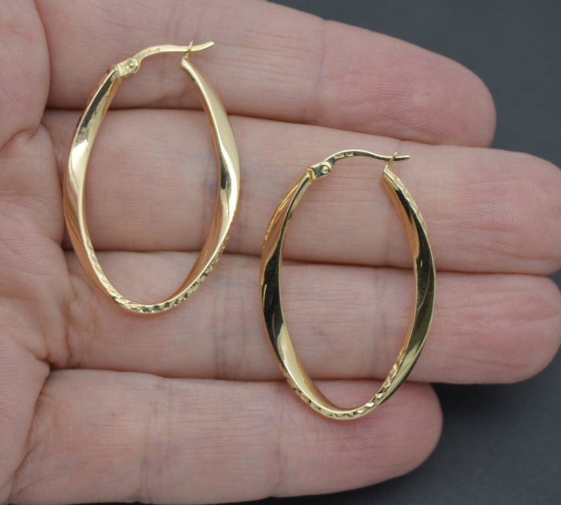 Real 14K Solid Yellow Gold Twisted Oval Hinged Charm Hoop Earrings 2.3 grams