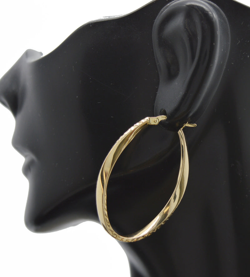 Real 14K Solid Yellow Gold Twisted Oval Hinged Charm Hoop Earrings 2.3 grams