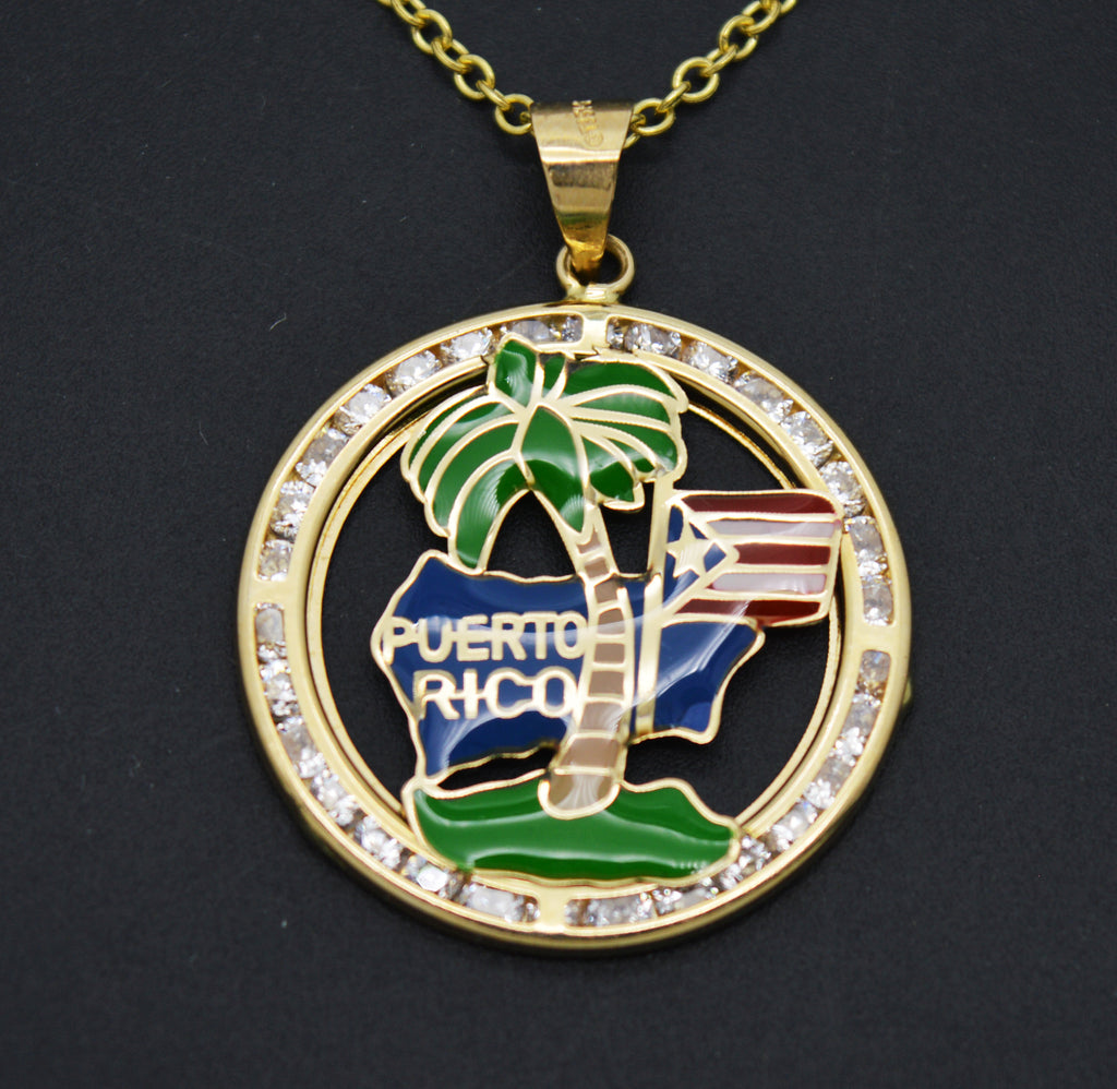 Iced Gold Plated Puerto Rico Flag Pendant & 16