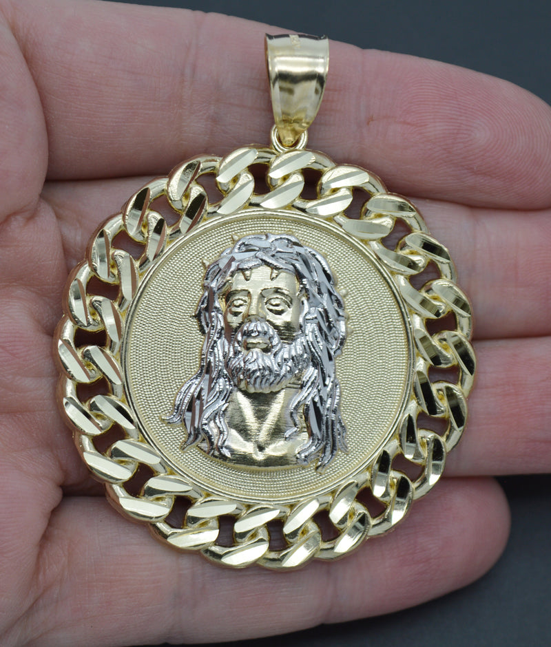 Real 10K Yellow Gold Jesus Head Curb Chain Frame Medallion Pendant 49.4mm 13.1gr.jpg