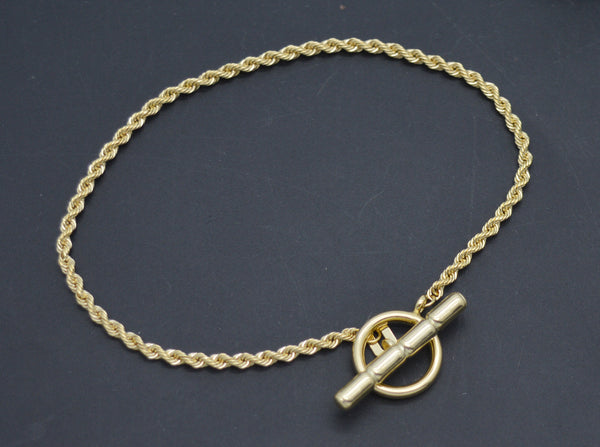 Real 14K Yellow Gold Rope Chain Textured Toggle Tag Clasp Bracelet 2.1 grams