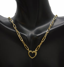 Real 14K Yellow Gold 3.3mm Paperclip Chain Heart Carabiner Clasp Necklace 3.9gr