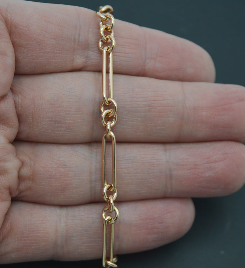 Real 14K Rose Gold 7" Shiny Paperclip Link Chain Textured Bracelet 3.1 grams