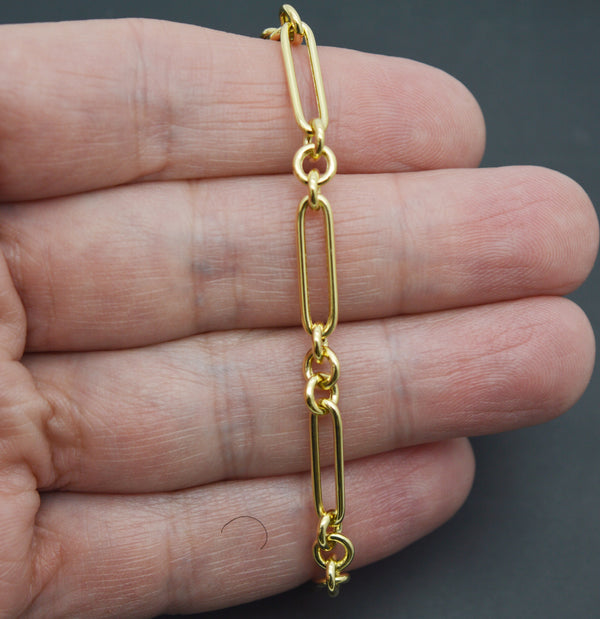 Real 14K Yellow Gold 7" Shiny Paperclip Link Chain Textured Bracelet 3.1 grams