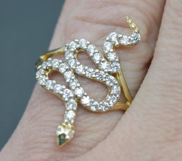 Real Solid 10K Yellow Gold 24mm Women CZ Snake Shape Charm Ring 2.5 gr All Sizes