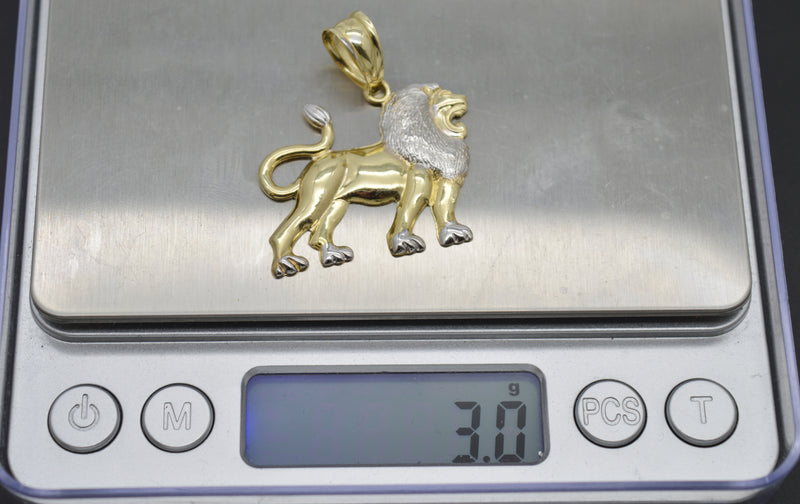 Real 10K Yellow White Two-Tone Gold Walking Lion Body Diamond Cut Pendant 3gram