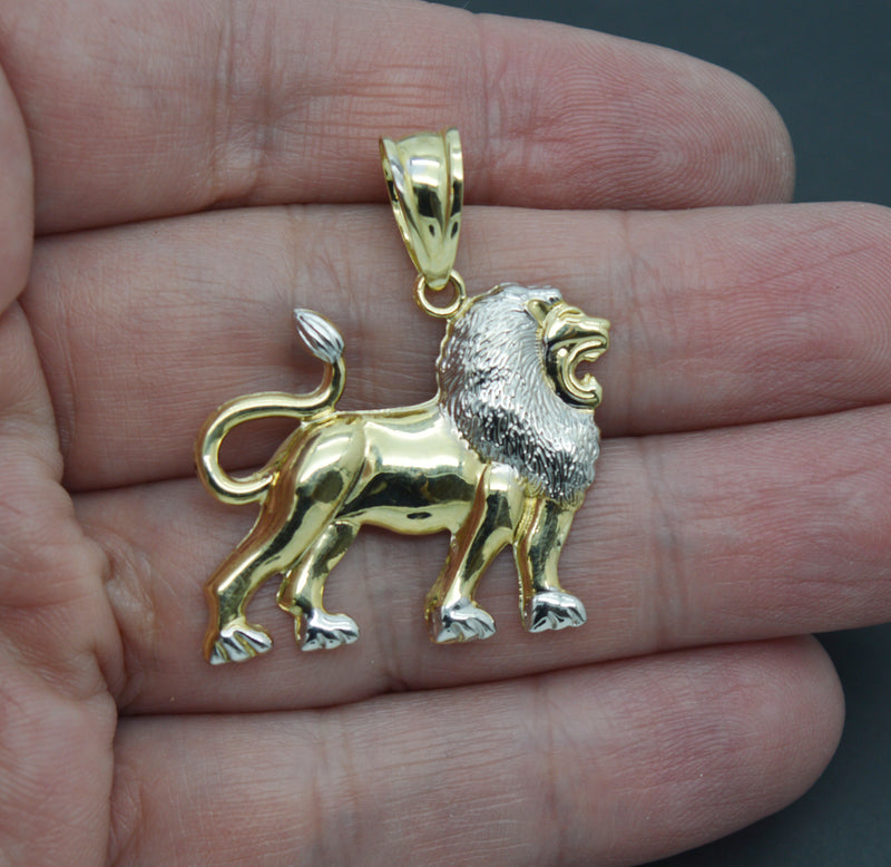 Real 10K Yellow White Two-Tone Gold Walking Lion Body Diamond Cut Pendant 3gram