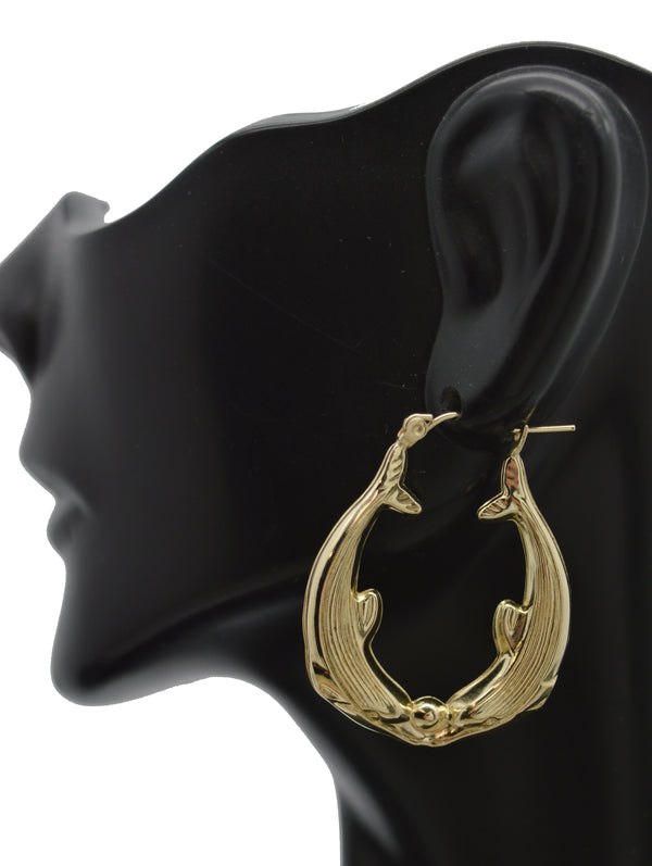 Real 10K Yellow Solid Gold Kissing Dolphin Hoop Earrings 33.5 mm 3.3 gr