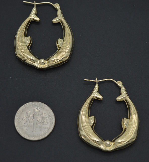 Real 10K Yellow Solid Gold Kissing Dolphin Hoop Earrings 33.5 mm 3.3 gr