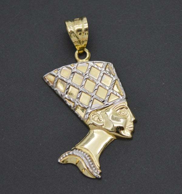 Real 10K Yellow Gold Egyptian Queen Nefertiti Head Diamond Cut Pendant 2.2 gram