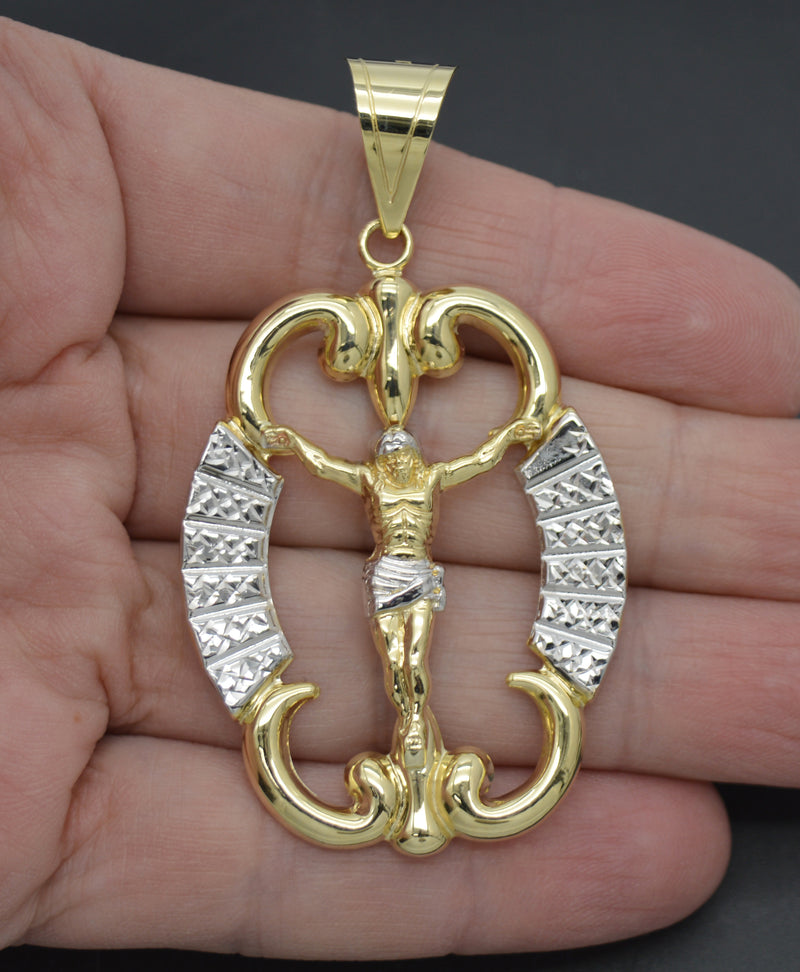 Real 10K Yellow White Gold Two-Tone Horns Charm Crucifix Jesus Pendant 6.4gr