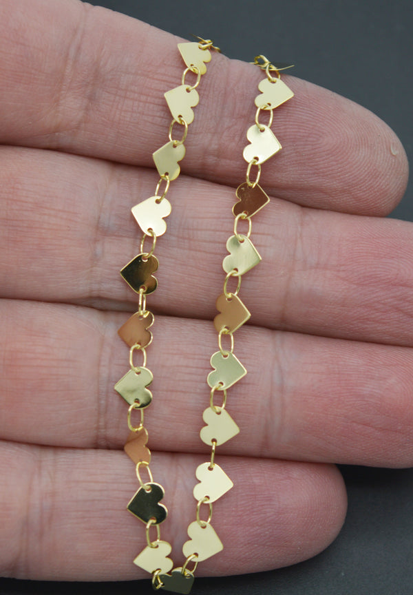 Real 14K Yellow Gold 7" Mirrored Chain Heart Strand Charm Bracelet 1.1gram