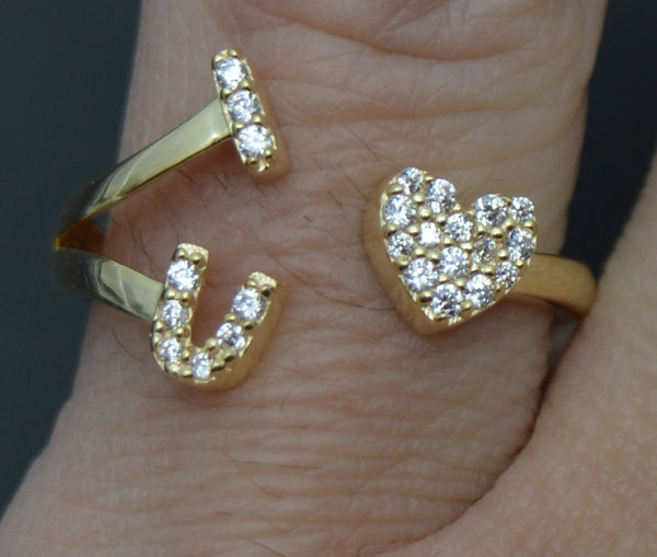 Real Solid 10K Yellow Gold CZ Texture I Love You Heart Charm Ring 1.9gr All Size