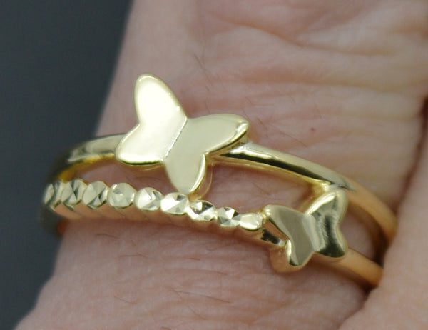 Real Solid 10K Yellow Gold Duel Butterfly Charm Diamond Cut Ring 3.0gr All Sizes