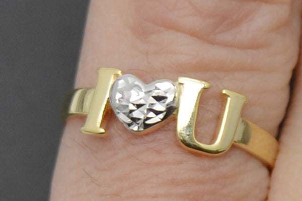 Real Solid 10K Yellow White Two-tone Gold Heart I Love You Ring 1.2gr All Sizes