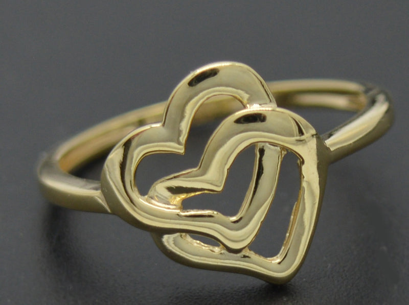 Real Solid 10K Yellow Gold Double Open Hearts Charm Shiny Ring 1.7gr All Sizes