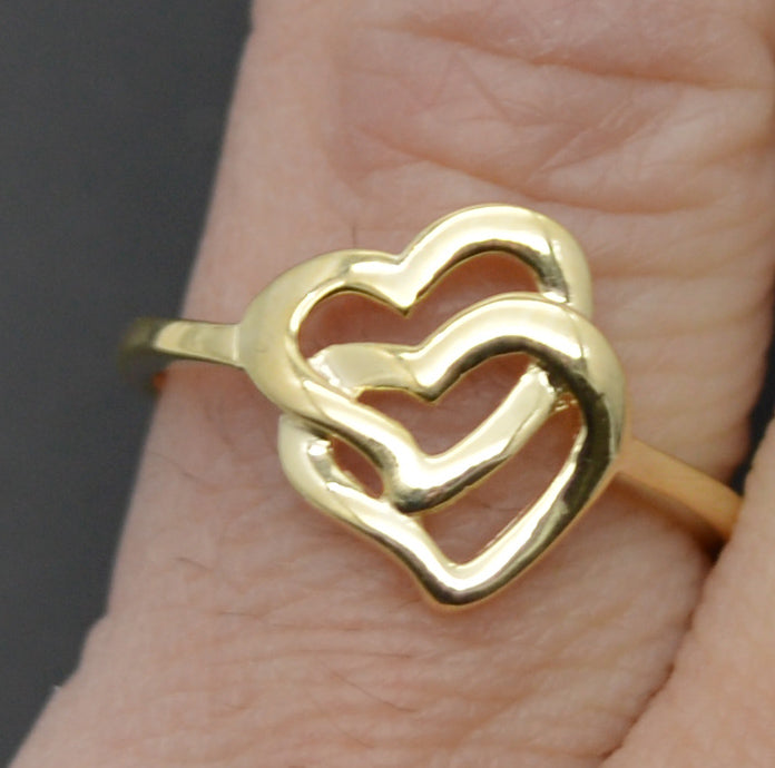 Real Solid 10K Yellow Gold Double Open Hearts Charm Shiny Ring 1.7gr All Sizes