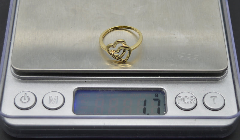 Real Solid 10K Yellow Gold Double Open Hearts Charm Shiny Ring 1.7gr All Sizes