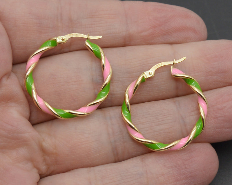 Real 14K Yellow Gold 25.8mmx3.2mm Green+Pink Enamel Twist Hoop Earrings 2.2 grams