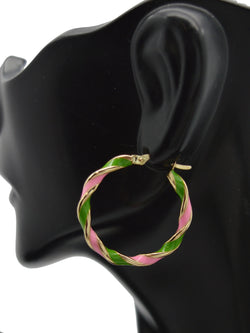 Real 14K Yellow Gold 25.8mmx3.2mm Green+Pink Enamel Twist Hoop Earrings 2.2 grams