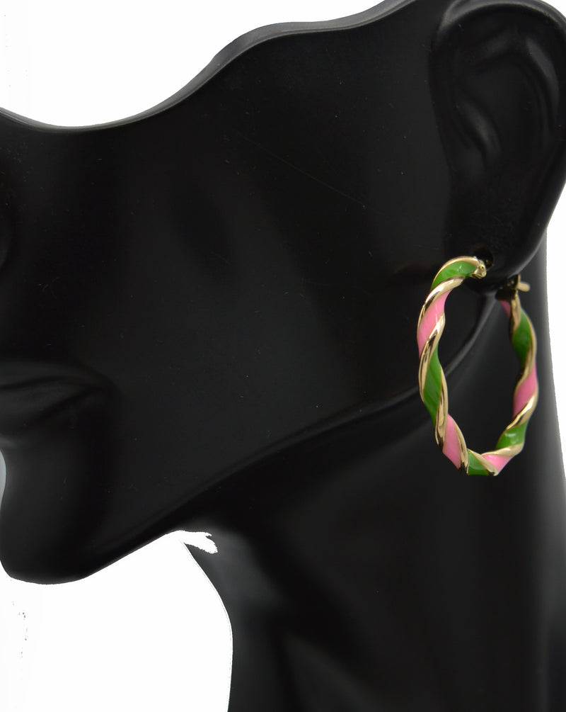 Real 14K Yellow Gold 25.8mmx3.2mm Green+Pink Enamel Twist Hoop Earrings 2.2 grams