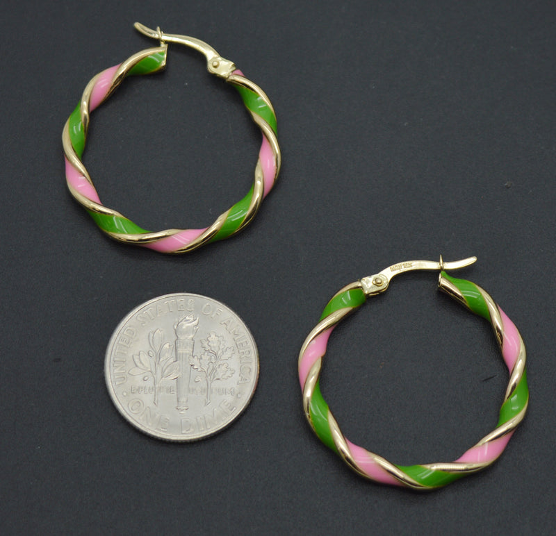 Real 14K Yellow Gold 25.8mmx3.2mm Green+Pink Enamel Twist Hoop Earrings 2.2 grams