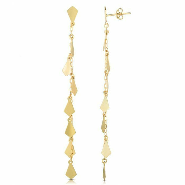 Real 14K Yellow Gold Polished Mirror Chain Diamond Shape Drop Earrings