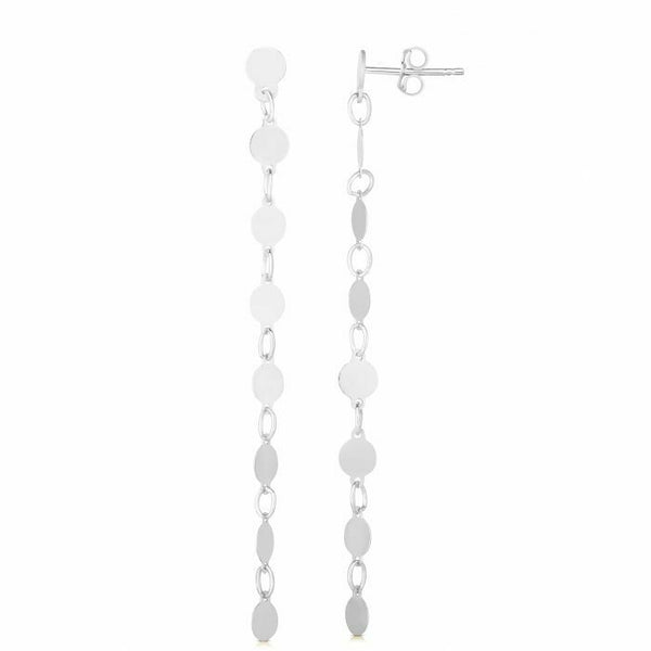 Real 14K White Gold Polished Round Mirror Chain Drop Dangle Earrings