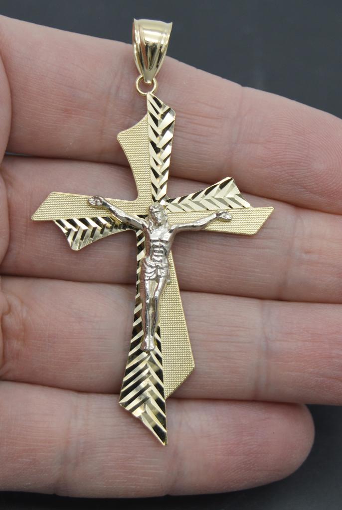 Real Solid 10K Yellow Gold Diamond-Cut Cross Charm Diamond-Cut Pendant