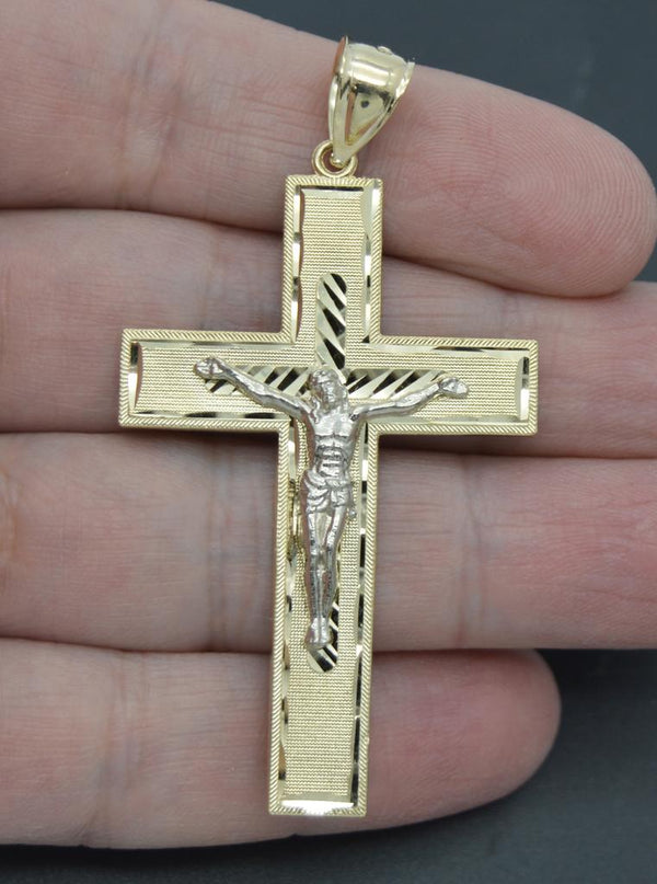 Real 10K Yellow White Gold Diamond-Cut Jesus Christ Crucifix Cross Pendant 7.2gr