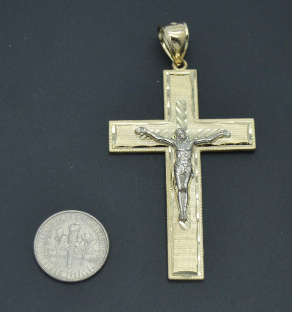 Real 10K Yellow White Gold Diamond-Cut Jesus Christ Crucifix Cross Pendant 7.2gr