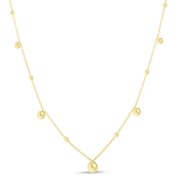 Real 14K Yellow Gold Finish Polished Stationed Bead 18" Necklace 3.2 grams